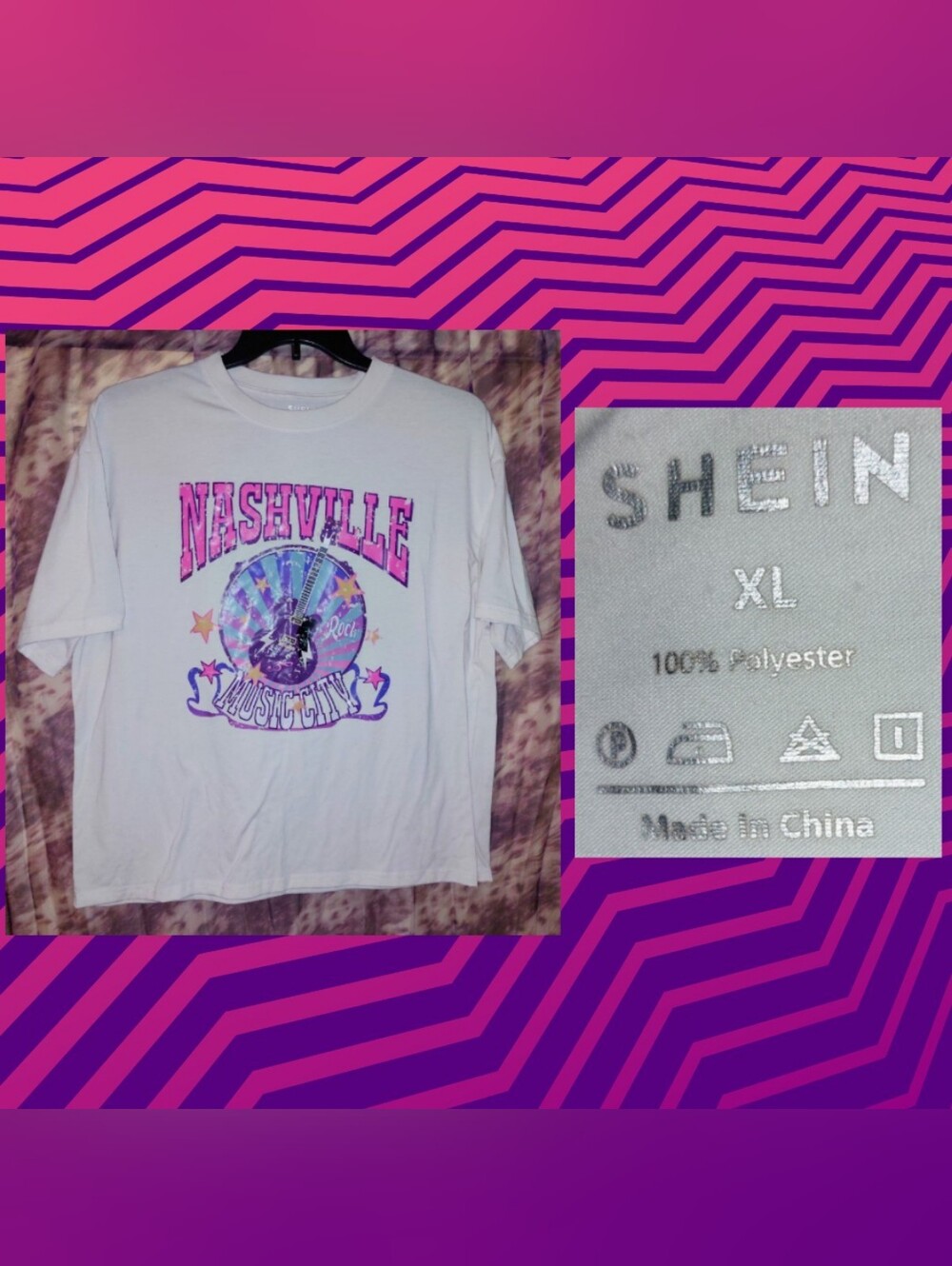 Shein White/Multiclr 'Nashville Music City' Graphic Print Soft Knit T-Shirt XL